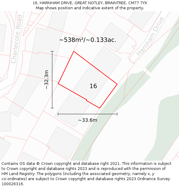16, HARNHAM DRIVE, GREAT NOTLEY, BRAINTREE, CM77 7YX: Plot and title map