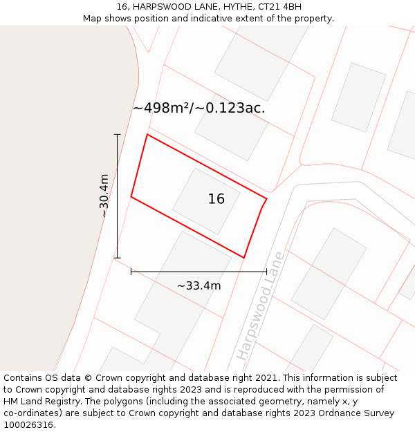 16, HARPSWOOD LANE, HYTHE, CT21 4BH: Plot and title map
