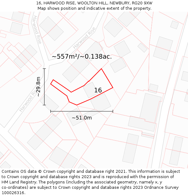 16, HARWOOD RISE, WOOLTON HILL, NEWBURY, RG20 9XW: Plot and title map