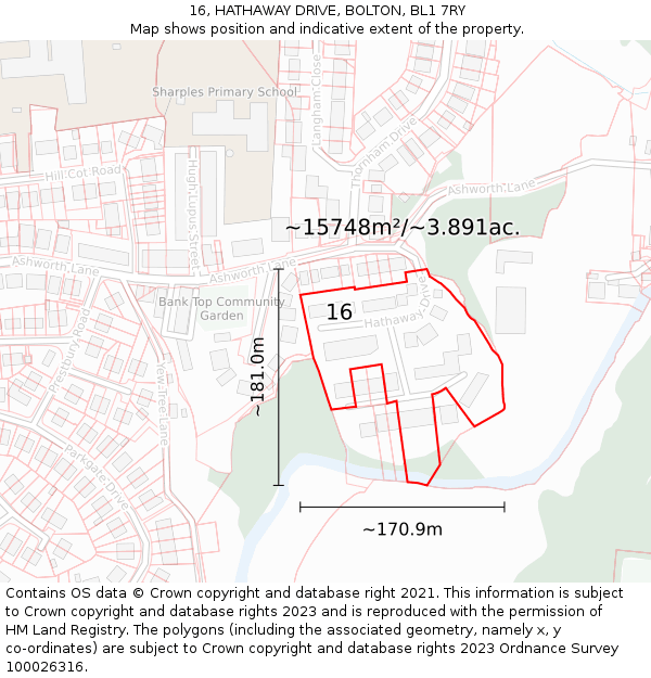 16, HATHAWAY DRIVE, BOLTON, BL1 7RY: Plot and title map