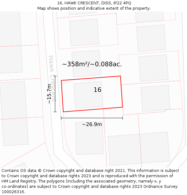 16, HAWK CRESCENT, DISS, IP22 4PQ: Plot and title map