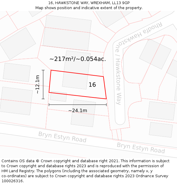 16, HAWKSTONE WAY, WREXHAM, LL13 9GP: Plot and title map