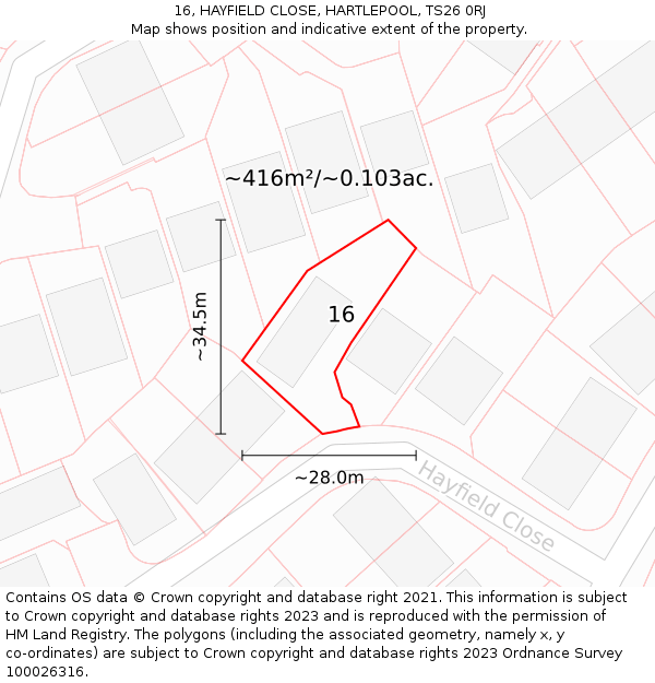 16, HAYFIELD CLOSE, HARTLEPOOL, TS26 0RJ: Plot and title map