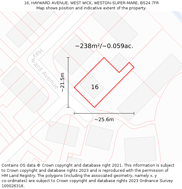 16, HAYWARD AVENUE, WEST WICK, WESTON-SUPER-MARE, BS24 7FR: Plot and title map