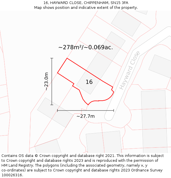 16, HAYWARD CLOSE, CHIPPENHAM, SN15 3FA: Plot and title map