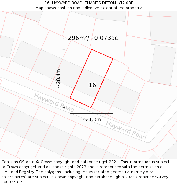 16, HAYWARD ROAD, THAMES DITTON, KT7 0BE: Plot and title map