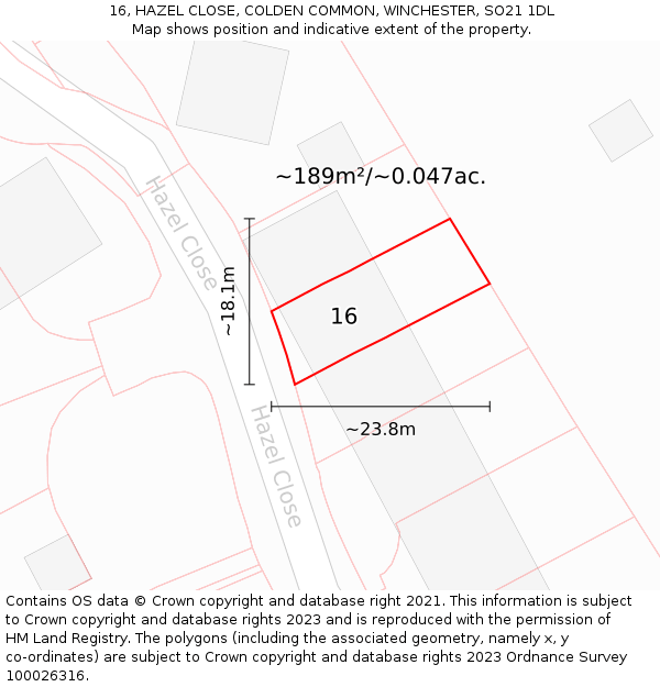 16, HAZEL CLOSE, COLDEN COMMON, WINCHESTER, SO21 1DL: Plot and title map