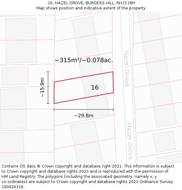 16, HAZEL GROVE, BURGESS HILL, RH15 0BY: Plot and title map