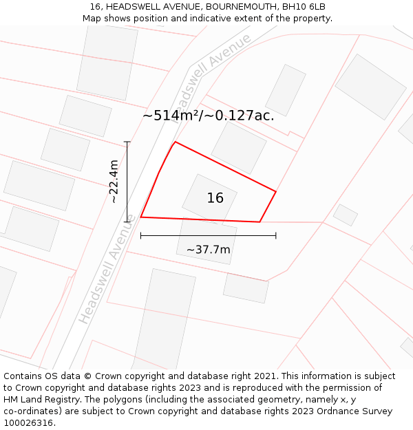 16, HEADSWELL AVENUE, BOURNEMOUTH, BH10 6LB: Plot and title map