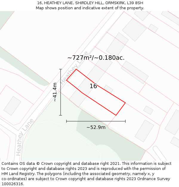 16, HEATHEY LANE, SHIRDLEY HILL, ORMSKIRK, L39 8SH: Plot and title map