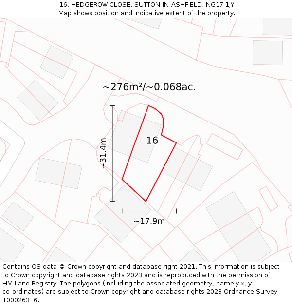 16, HEDGEROW CLOSE, SUTTON-IN-ASHFIELD, NG17 1JY: Plot and title map