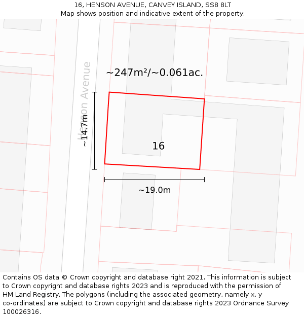 16, HENSON AVENUE, CANVEY ISLAND, SS8 8LT: Plot and title map