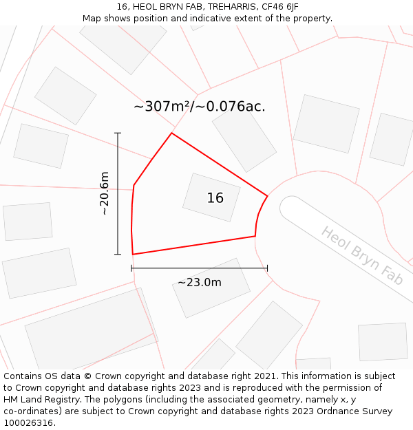 16, HEOL BRYN FAB, TREHARRIS, CF46 6JF: Plot and title map