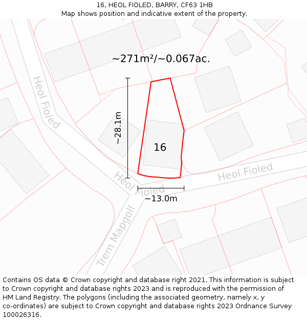 16, HEOL FIOLED, BARRY, CF63 1HB: Plot and title map