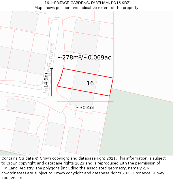 16, HERITAGE GARDENS, FAREHAM, PO16 9BZ: Plot and title map