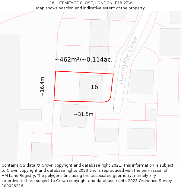 16, HERMITAGE CLOSE, LONDON, E18 2BW: Plot and title map