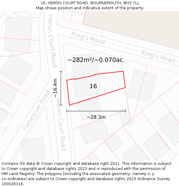 16, HERON COURT ROAD, BOURNEMOUTH, BH3 7LL: Plot and title map