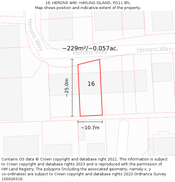 16, HERONS WAY, HAYLING ISLAND, PO11 9FL: Plot and title map