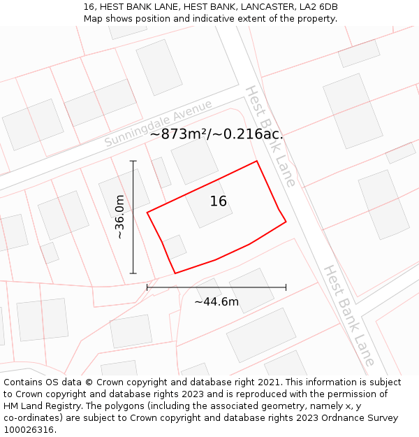 16, HEST BANK LANE, HEST BANK, LANCASTER, LA2 6DB: Plot and title map