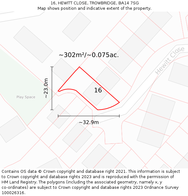 16, HEWITT CLOSE, TROWBRIDGE, BA14 7SG: Plot and title map