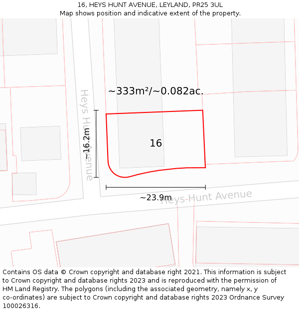 16, HEYS HUNT AVENUE, LEYLAND, PR25 3UL: Plot and title map