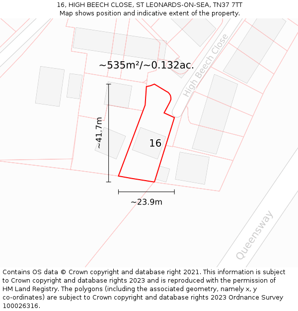 16, HIGH BEECH CLOSE, ST LEONARDS-ON-SEA, TN37 7TT: Plot and title map