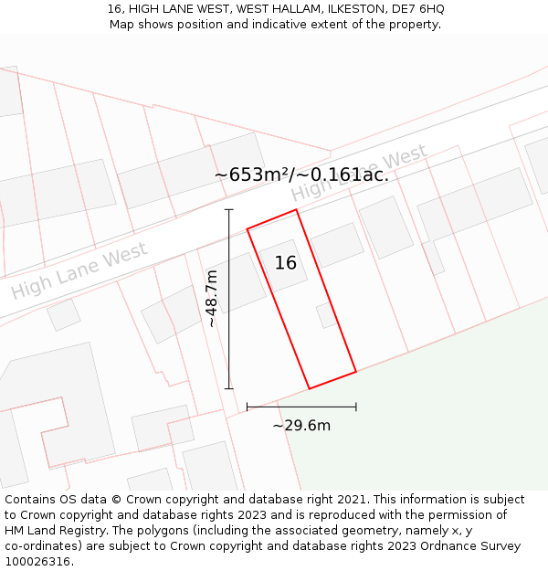 16, HIGH LANE WEST, WEST HALLAM, ILKESTON, DE7 6HQ: Plot and title map