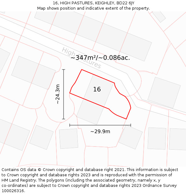16, HIGH PASTURES, KEIGHLEY, BD22 6JY: Plot and title map