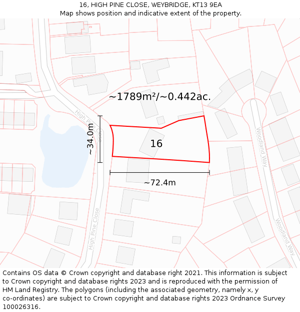 16, HIGH PINE CLOSE, WEYBRIDGE, KT13 9EA: Plot and title map