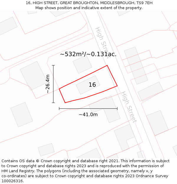 16, HIGH STREET, GREAT BROUGHTON, MIDDLESBROUGH, TS9 7EH: Plot and title map