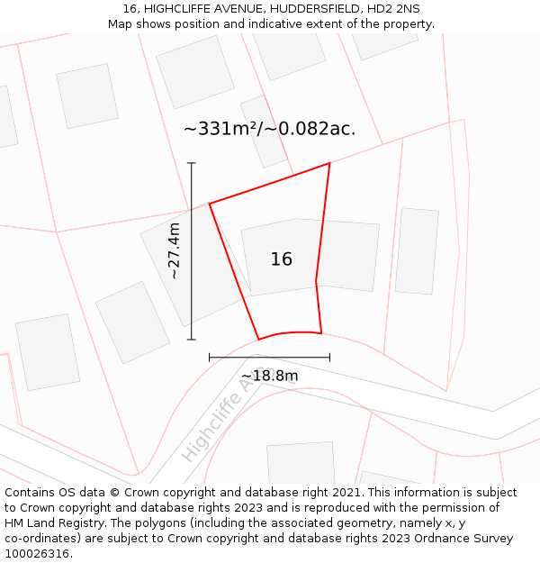 16, HIGHCLIFFE AVENUE, HUDDERSFIELD, HD2 2NS: Plot and title map