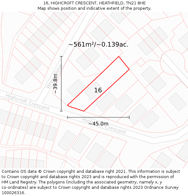 16, HIGHCROFT CRESCENT, HEATHFIELD, TN21 8HE: Plot and title map