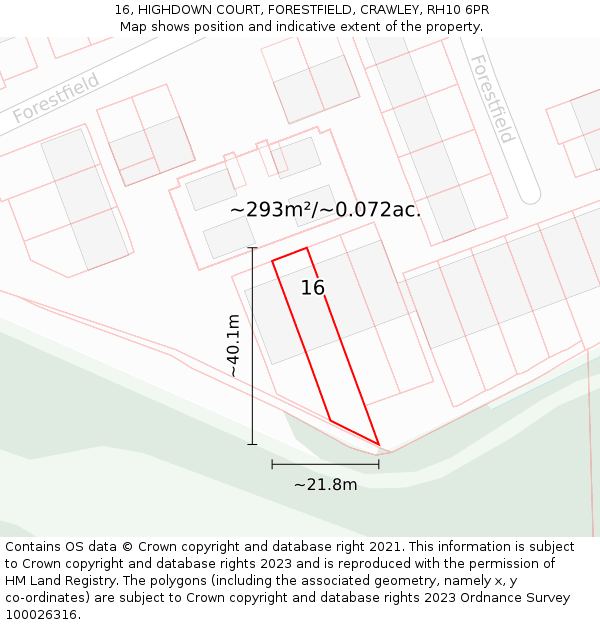 16, HIGHDOWN COURT, FORESTFIELD, CRAWLEY, RH10 6PR: Plot and title map