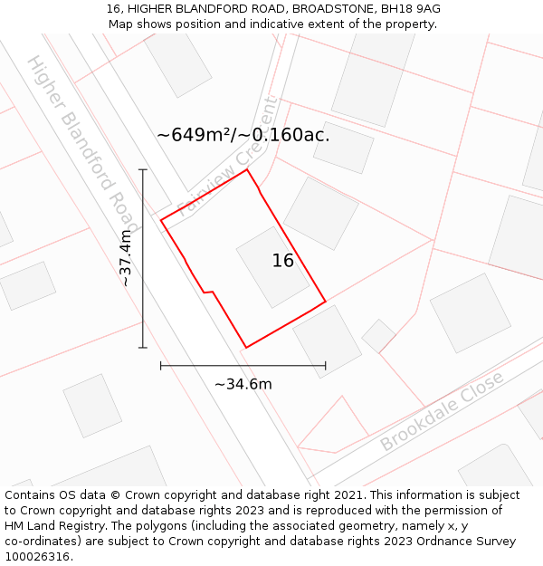 16, HIGHER BLANDFORD ROAD, BROADSTONE, BH18 9AG: Plot and title map