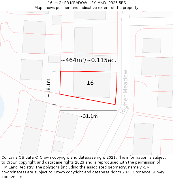 16, HIGHER MEADOW, LEYLAND, PR25 5RS: Plot and title map