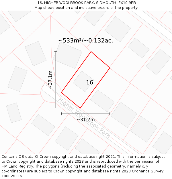 16, HIGHER WOOLBROOK PARK, SIDMOUTH, EX10 9EB: Plot and title map