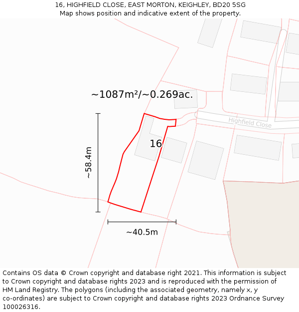 16, HIGHFIELD CLOSE, EAST MORTON, KEIGHLEY, BD20 5SG: Plot and title map