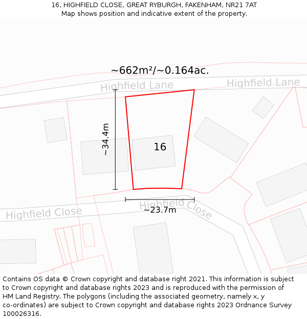 16, HIGHFIELD CLOSE, GREAT RYBURGH, FAKENHAM, NR21 7AT: Plot and title map