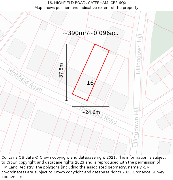 16, HIGHFIELD ROAD, CATERHAM, CR3 6QX: Plot and title map