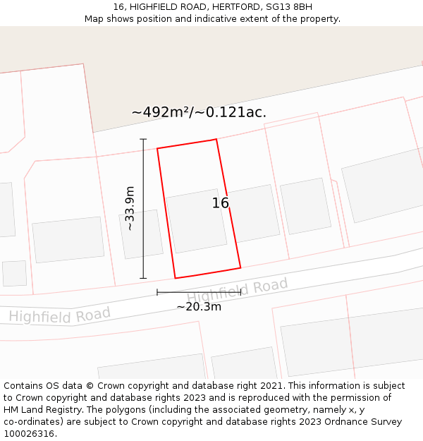 16, HIGHFIELD ROAD, HERTFORD, SG13 8BH: Plot and title map