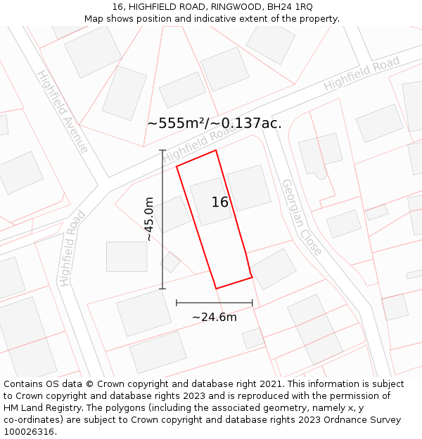 16, HIGHFIELD ROAD, RINGWOOD, BH24 1RQ: Plot and title map