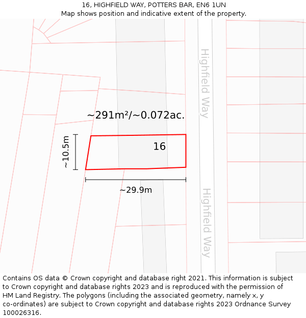 16, HIGHFIELD WAY, POTTERS BAR, EN6 1UN: Plot and title map