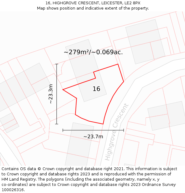16, HIGHGROVE CRESCENT, LEICESTER, LE2 8PX: Plot and title map
