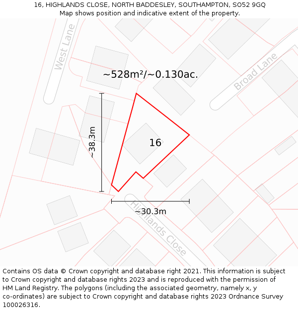 16, HIGHLANDS CLOSE, NORTH BADDESLEY, SOUTHAMPTON, SO52 9GQ: Plot and title map