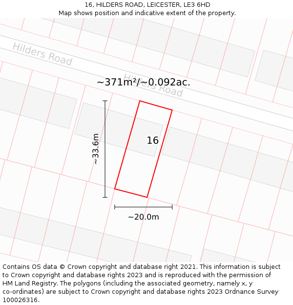 16, HILDERS ROAD, LEICESTER, LE3 6HD: Plot and title map