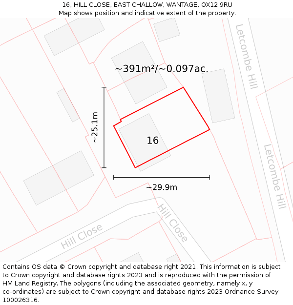 16, HILL CLOSE, EAST CHALLOW, WANTAGE, OX12 9RU: Plot and title map