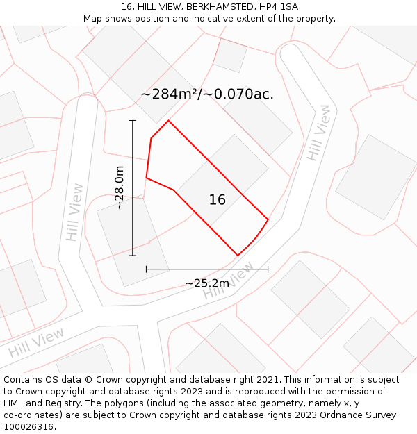 16, HILL VIEW, BERKHAMSTED, HP4 1SA: Plot and title map