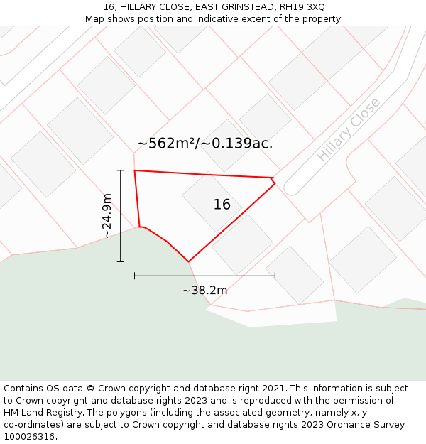16, HILLARY CLOSE, EAST GRINSTEAD, RH19 3XQ: Plot and title map
