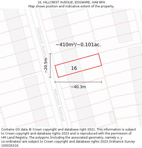 16, HILLCREST AVENUE, EDGWARE, HA8 8PA: Plot and title map