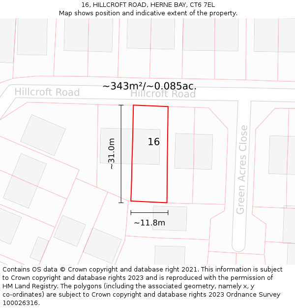 16, HILLCROFT ROAD, HERNE BAY, CT6 7EL: Plot and title map